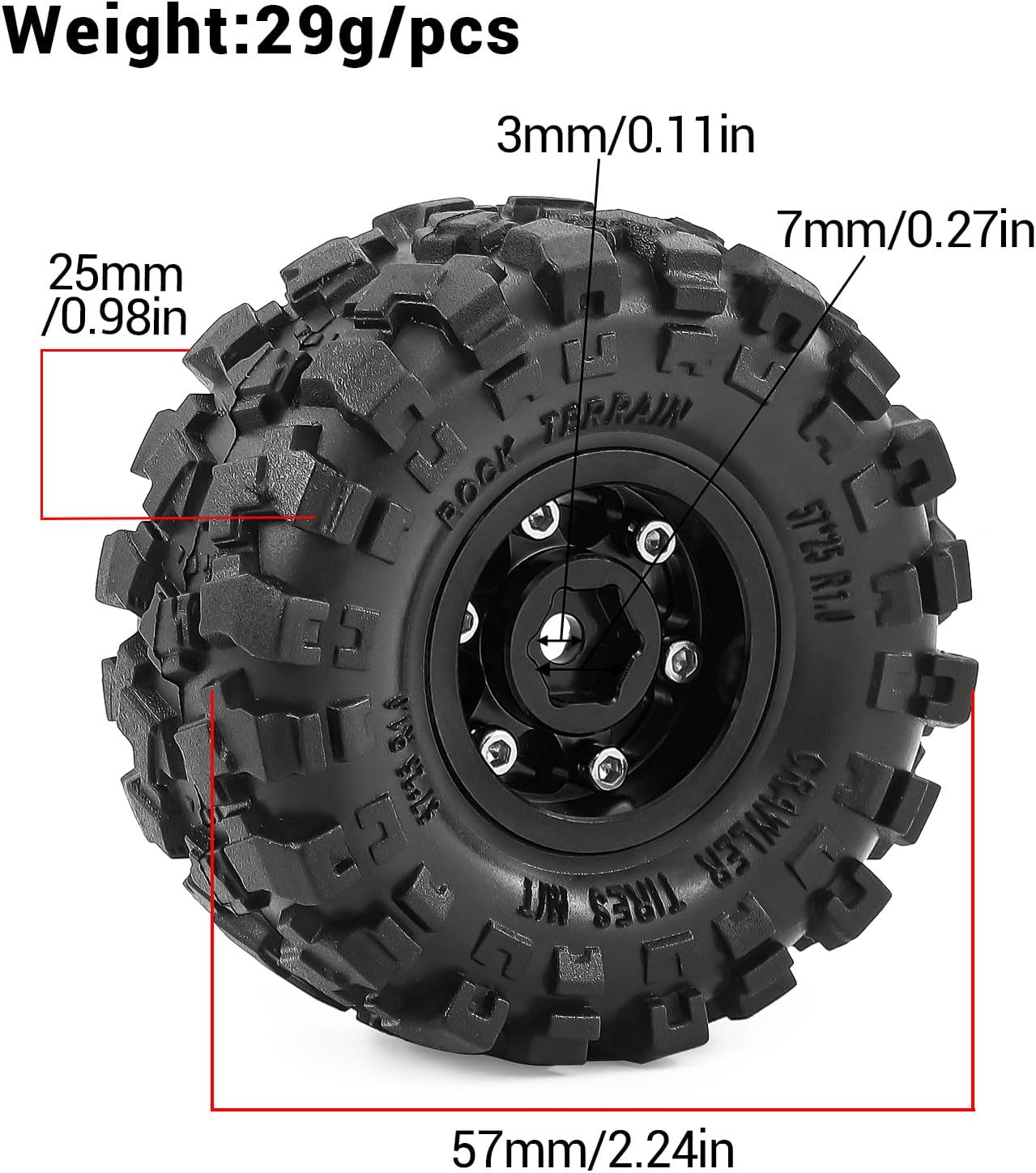 1.0 Beadlock Wheels and Tires Set（4pcs） Aluminum Wheel Hub 1.0 Tires OD 55mm/2.2in 1.0 Crawler Tires for Axial SCX24 AX24 TRX4M FCX24 Upgrade 1/24 1/18 RC Crawler Car (Black)