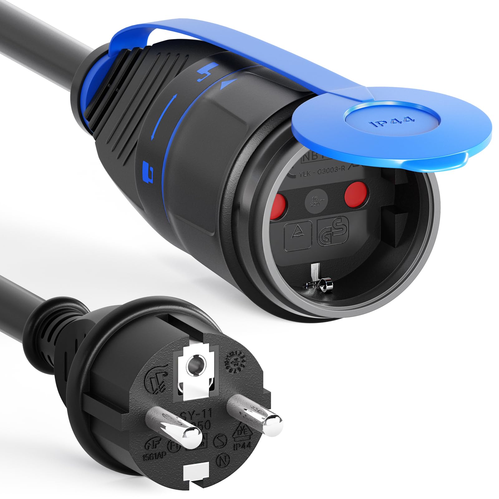 hb-digital Cable alargador de 3 m con sistema de bloqueo, enchufe acodado a conector hembra bloqueable, 12 kg, conexión de fuerza de tracción, ahorra espacio, naranja-negro