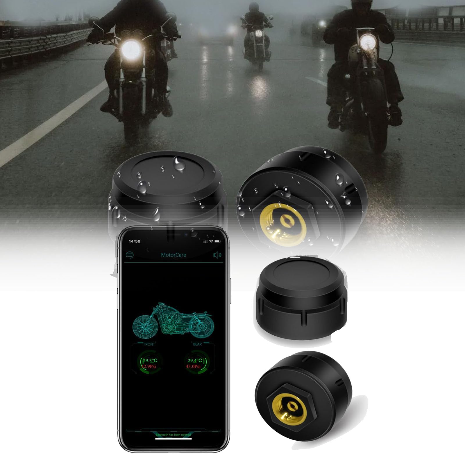 NALACAL Pressure Monitoring System, Bluetooth Motorcycle Tire Pressure Monitoring System with 2 External Sensors, Tire Pressure & Temperature Alarm, Wireless Motorcycle TPMS Supporting iOS and Android