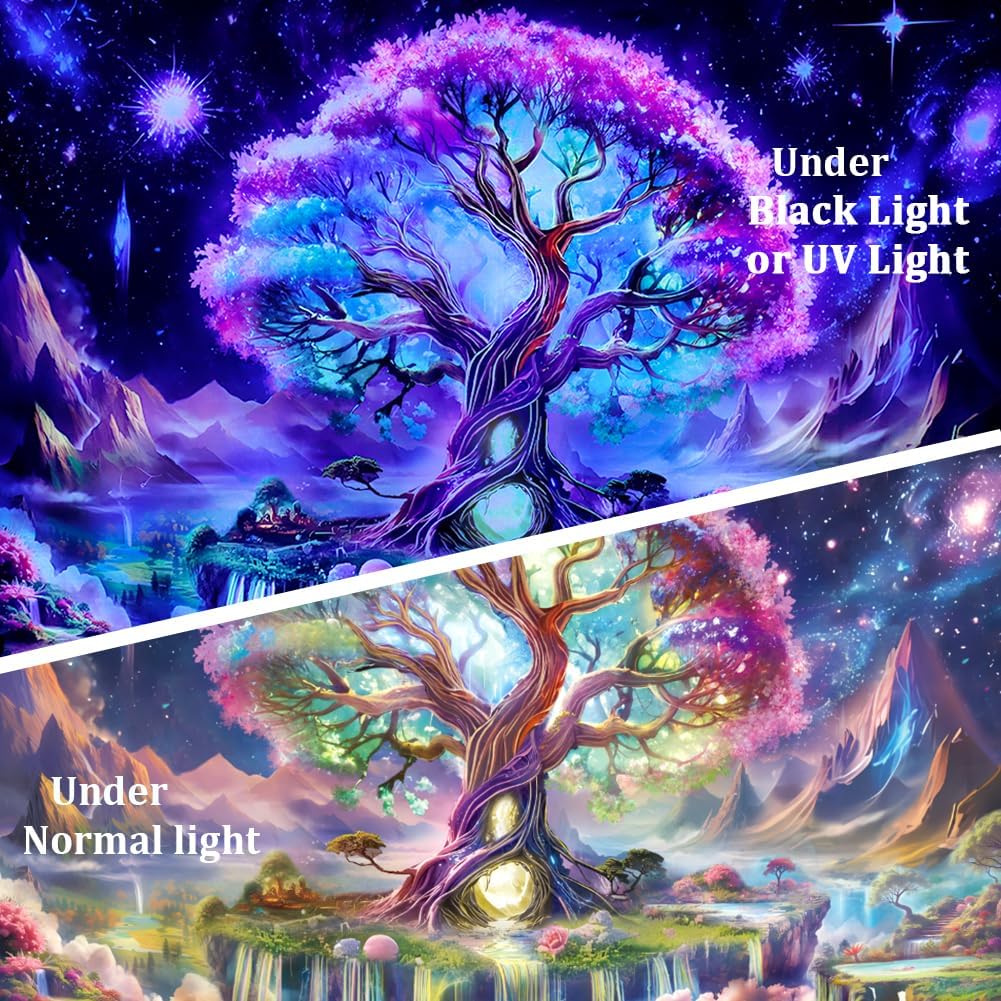 Huzuya Tree of Life Tapestry Blacklight Aesthetic Tree Tapestry UV Reactive Galaxy Space Tapestries Fantasy Waterfall Wall Tapestries Colorful Starry Sky Wall Hanging Decor for Home