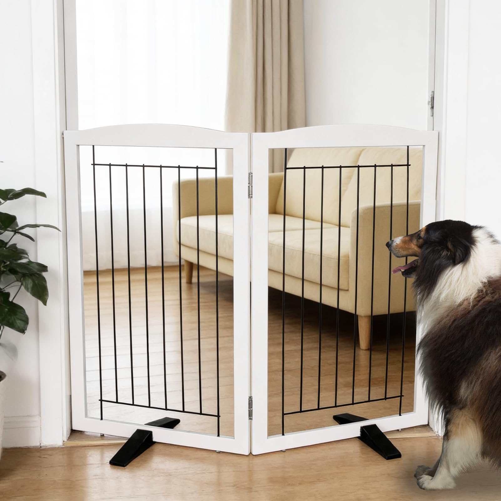 Dog Fence Indoor,Dog Gate Indoor for Doorway pet gate -2-Panel Freestanding, Hallways, House or Stairs -40x32-Inch Retractable Foldable Expandable Wood Pet by SFJC (White)