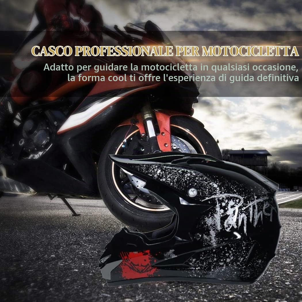 Casco Motocross Uomo ,Tema Di Disegno Di Stampa in Nero Casco Cross Bambino with Occhiali Guanti Maschera Antivento Include 4 Misure Di Rivestimento Del Casco Certificazione DOT