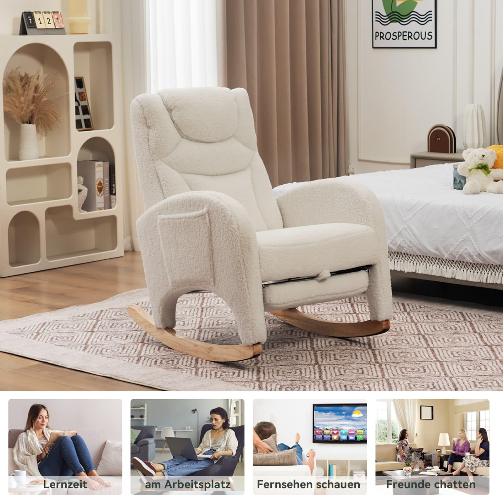 KOMHTOM Fauteuil à Bascule avec Repose-Pieds Escamotable, Fauteuil de Salon avec Structure en Bois et Poche de Rangement Latérale, Tissu Peluche Teddy (Blanc)