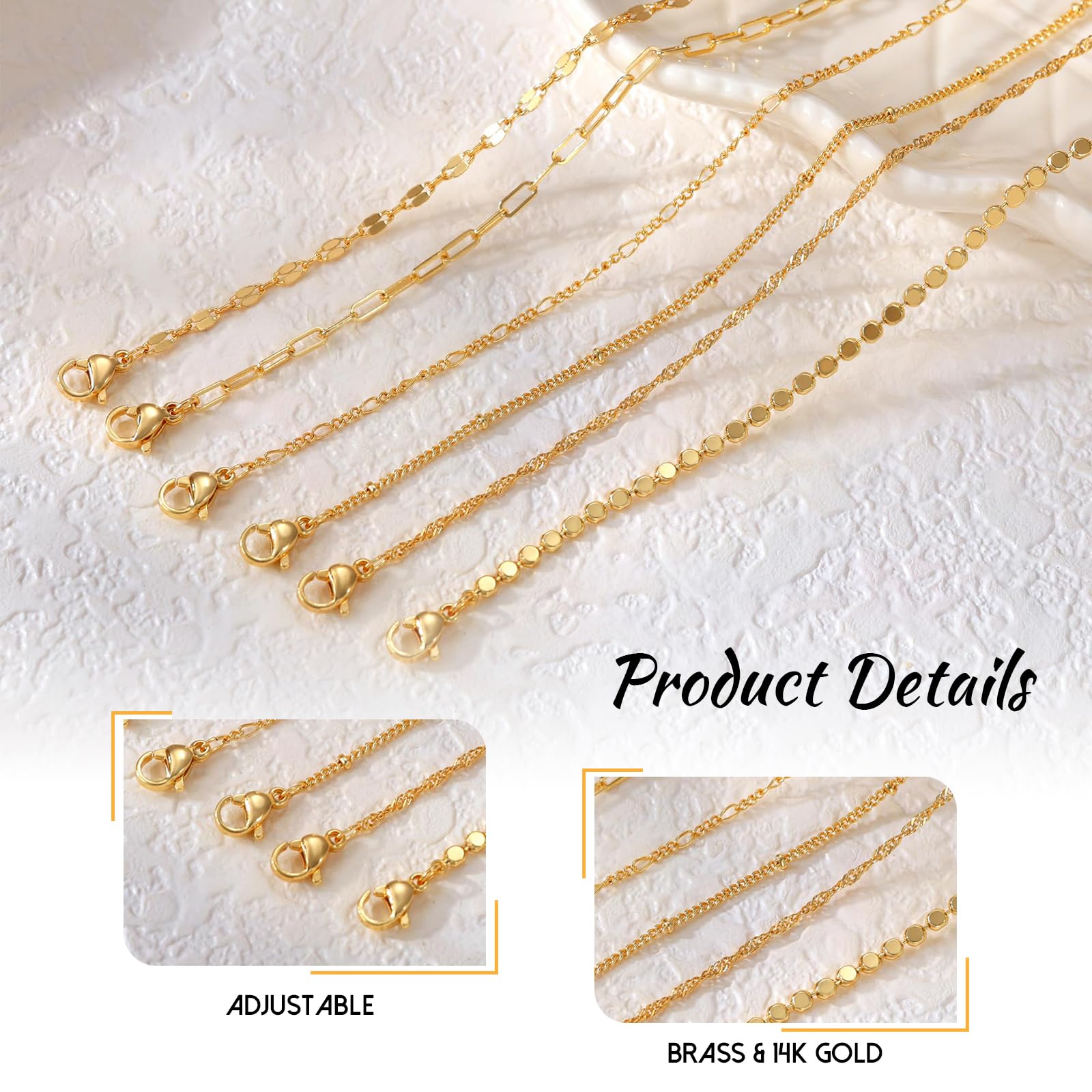 6 Piezas 14K Tobilleras Impermeables para Mujeres, Tobilleras de Oro, Espiga, Caja, Sujetapapeles, Abalorios y Diseño Fígaro, Joyería de Verano