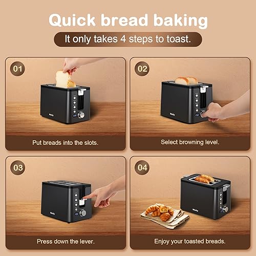Miniatura 6 de Mecity Tostadora de 2 rebanadas de acero inoxidable con temporizador, funciones de bageldescongelaciónrecalentamientocancelación, rejilla de