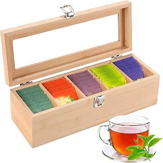 Tea Bag Organizer, Bamboo Storage Box With 5 Compartment Chest Acrylic Clear Lid, Holds Bags, Creamers, Sugar, Coffee Pods, Instant Packets
