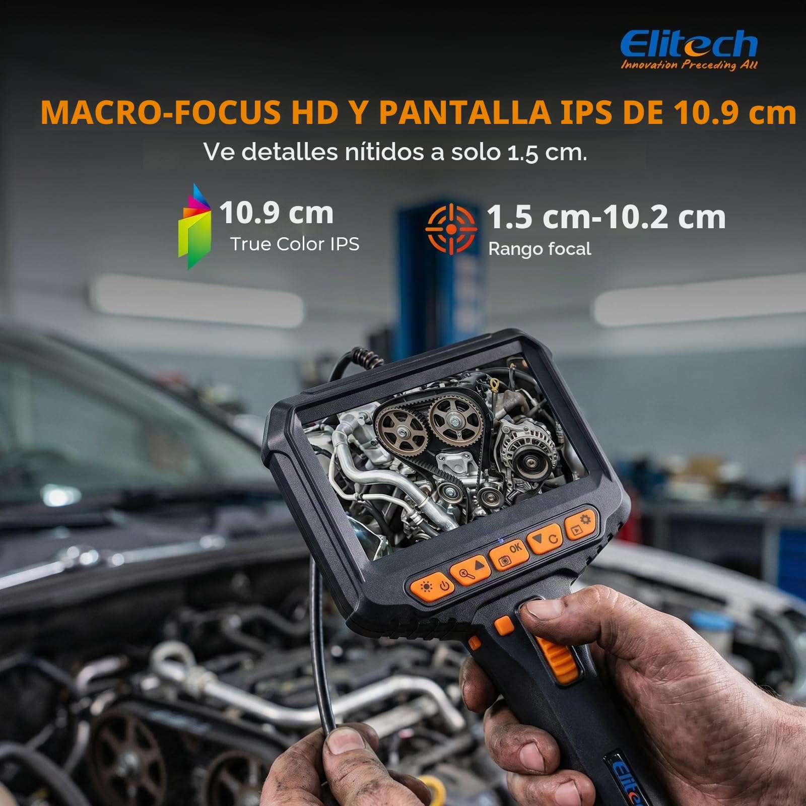 Elitech Cámara de Inspección de Tuberías y Motores Endoscopio Articulado Bidireccional 180° con Pantalla IPS 4.3" y Sonda Ultrafina 6.2mm IP67 Herramienta Profesional ELS-240