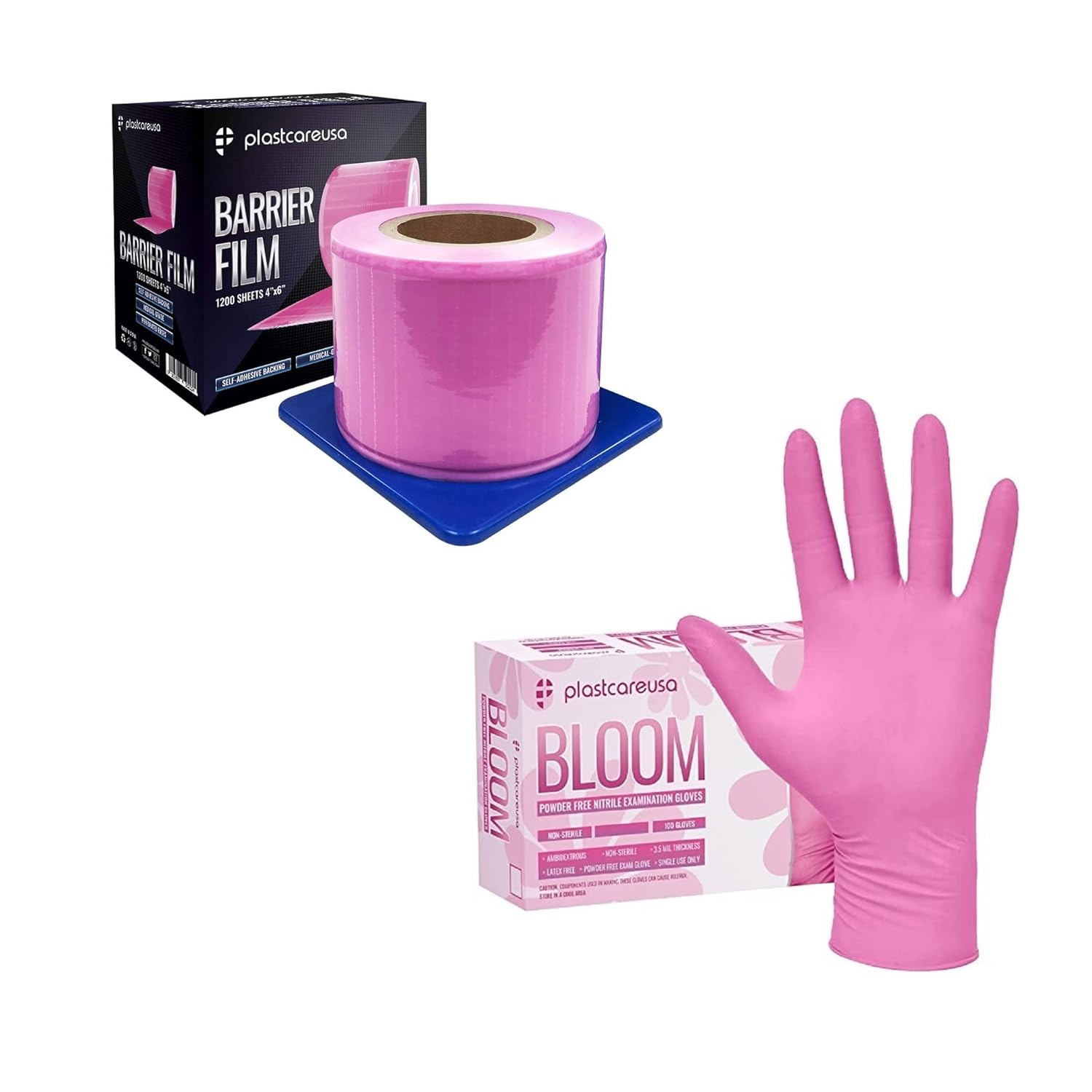 Pink Barrier Film (4x6 Inches) 1 Box of 1200 Sheets and 100 Medium Pink Nitrile Gloves Bundle