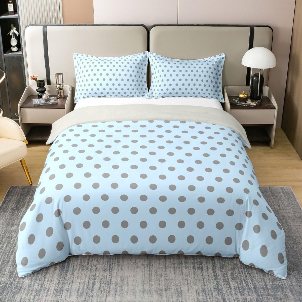 Castle Fairy Polka Dot Duvet Cover Set 100% Cotton,Blue Grey Modern Minimalist Style Bedding Set for Bedrooom Decor,Abstract Geometric Circles All Season Comforter Cover,Full Size,No Comforter