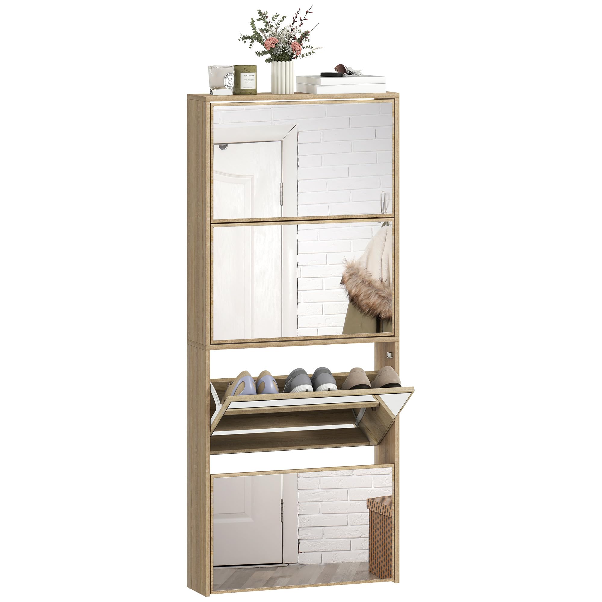 Scarpiera Salvaspazio HOMCOM Con 4 Ante A Specchio - Porta Fino A 12 Paia Di Scarpe, Legno, 63x17x146 Cm