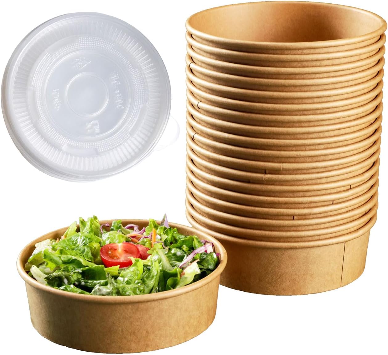 15 Pack Paper Bowls with Lids, Takeaway Kraft Brown Container, Party/Picnic Supplies for Hot/Cold Food, Soup (16 OZ)