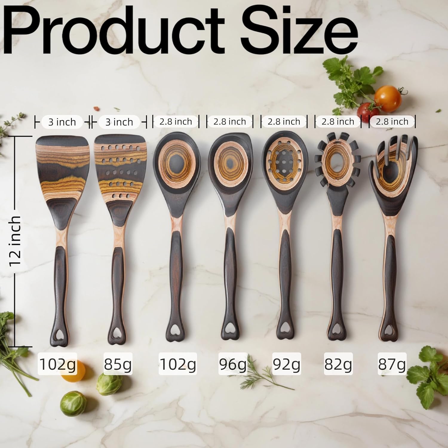 7PCS Pakkawood Kitchen Utensil Set | Heart-Shaped Wooden Spoons for Cooking | Heat-Resistant Wooden Spoons | Kitchen Essential Gift | Tuscan Brown