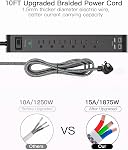 Flat Plug Extension Cord, Surge Protector Power Strip 10 ft with 4 USB Ports 2 USB-C 6 AC Outlets, USB Charging Station, Wall Mountable for Home, Office, Dorm Essentials, 1080J, ETL Listed, Black