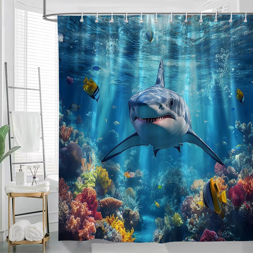 Shark Shower Curtain 3D Sea Wild Animal Ocean Sea Underwater World Fish Blue Wave Fantasy Marine Bathroom Decor Curtains 94x70 inch with Hook