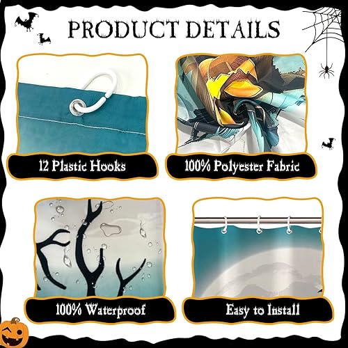 Miniatura 2 de Cortina de ducha de Halloween de 72 x 72 pulgadas, divertida decoración de baño, día de Halloween, malvado, calabaza, terror, bruja, primavera,