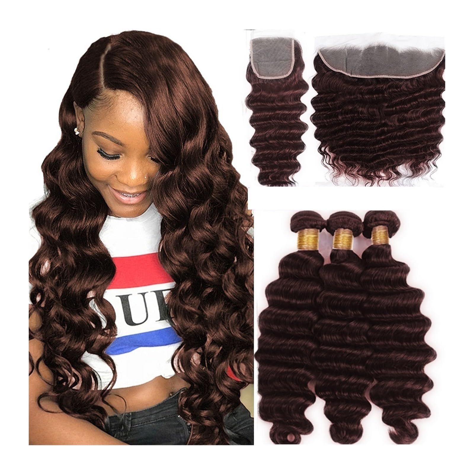 Haare Extensions Braune Körperwellen-Menschenhaar-Webart-Bündel mit Verschluss #4 Braune lose Tiefe Wellen-Bündel Remy-Haarwebart-Bündel mit Verschluss Haarteil für Frauen(5" x 5",10 12 14 and10)