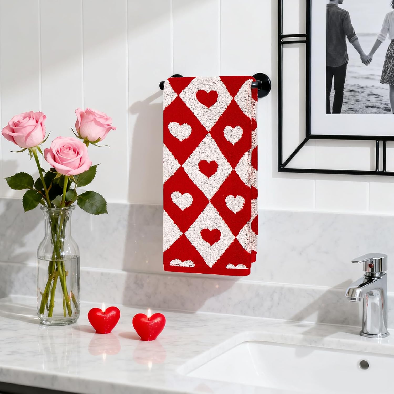 JarThenaAMCS 2Pcs Valentine’s Day Hand Towels Jacquard Cotton Bath Towel Checkered Heart Decorative Dish Towel for Holiday Home Kitchen Bathroom Decor Gift Set - Image 5