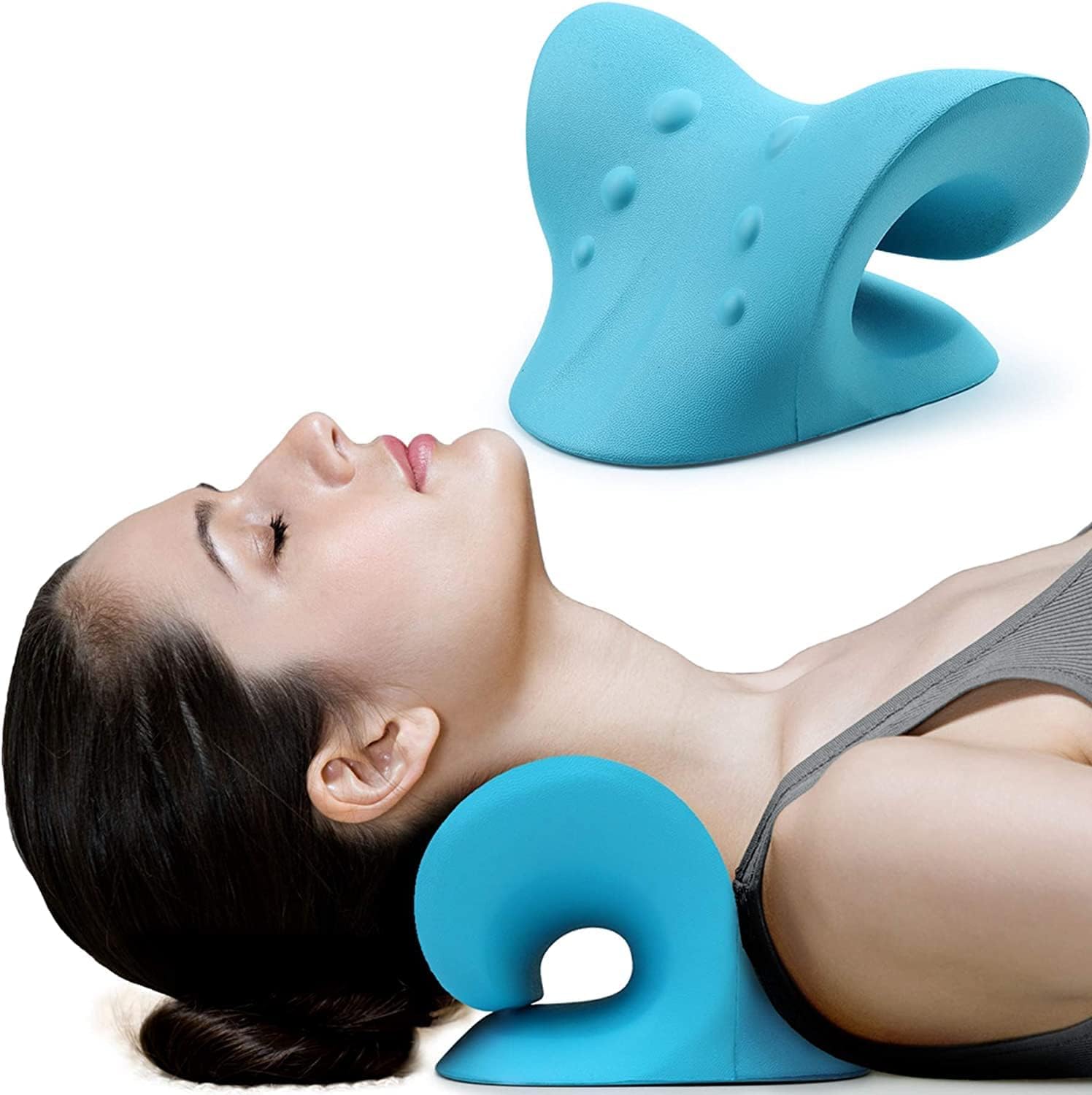 Neck and Shoulder Relaxer, Neck Support Stretcher, Cervical Traction Device for TMJ Pain Relief and Cervical Spine Alignment for Women & Men, Chiropractic Pillow Neck Stretcher (Blue)