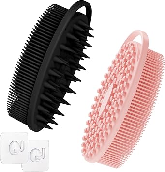 Soft Silicone Body Scrubber Set, 2PCS Dual-Side Silicone Loofah for Gentle Exfoliating and Scalp Massaging, Hygienic Shower Scrubber Shampoo Brush for Kids, Women, Sensitive SkinBlack+Pink