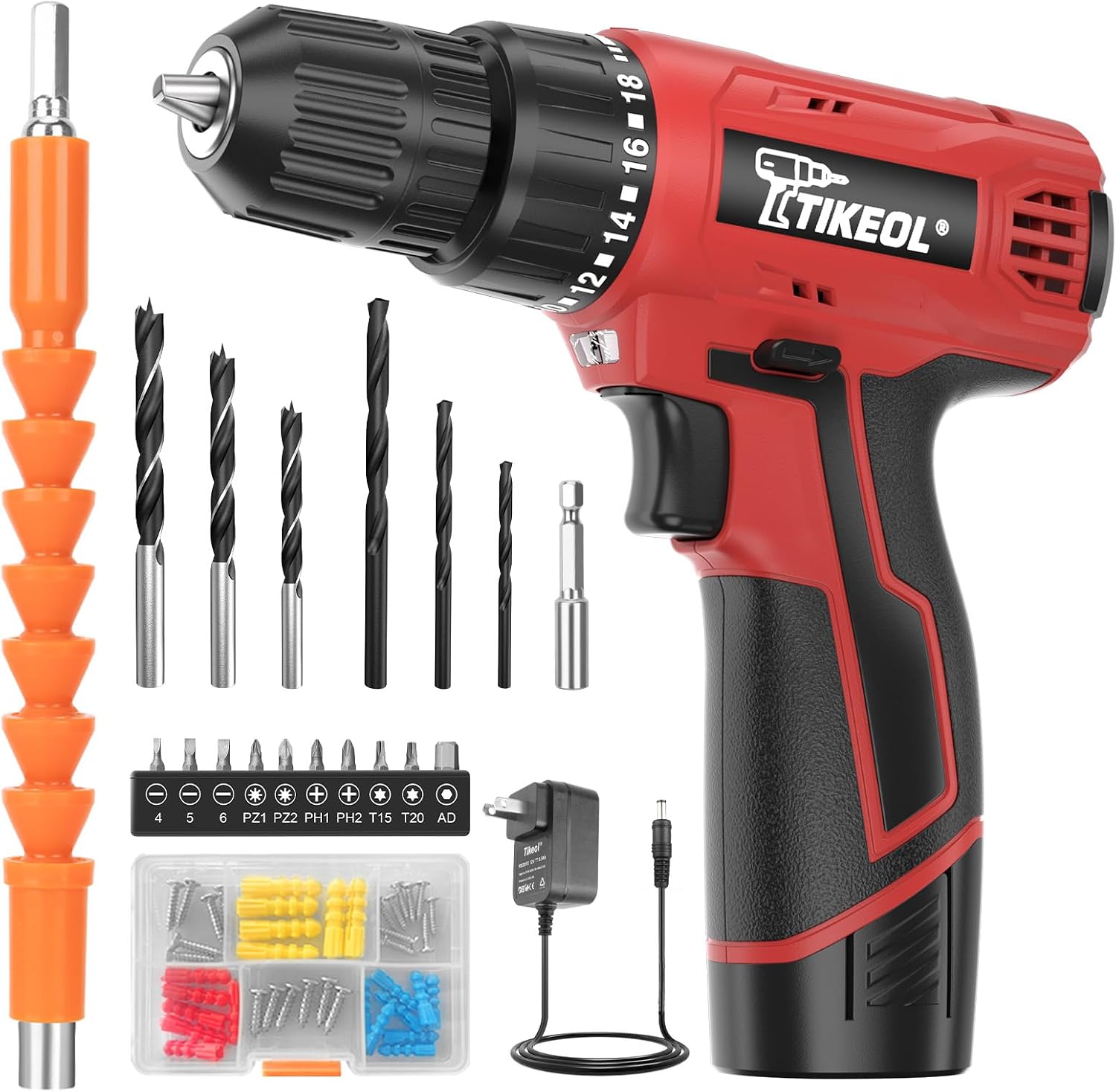 12V Cordless Drill Set with Battery & Charger, Electric Power Drill with Pure Copper Motor, 180 In-lbs Torque, 18+1 Clutch, 3/8" Keyless Chuck, LED Light, Drill Kit for Home Repair, DIY(RED)