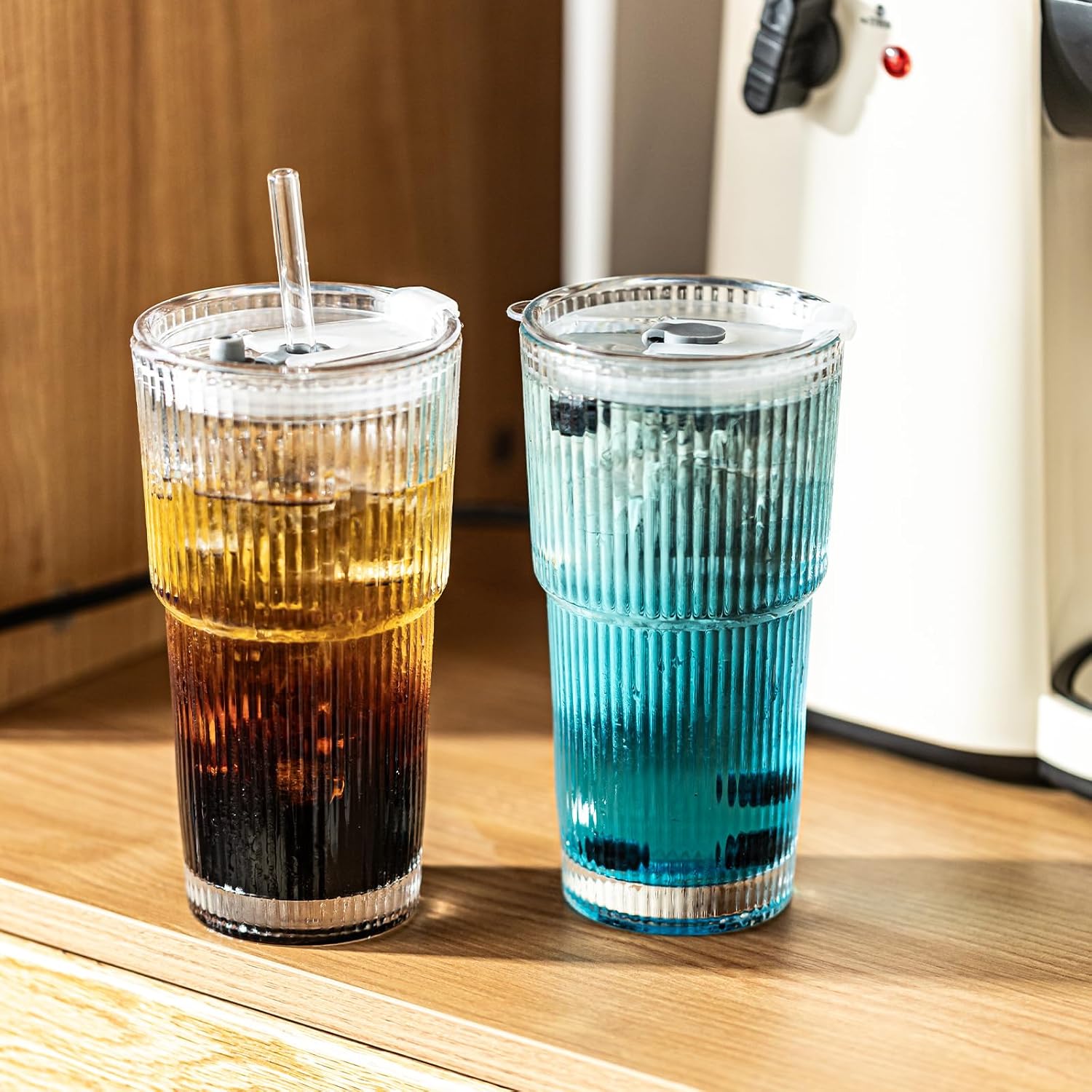 Ribbed Drinking Glasses,with Lids and Straws Glass Cup,19oz Glass cup,4 Pack Old Fashioned Glasses,Thickened for iced coffees,cocktails and juices, perfect for families and parties (4) - Image 3