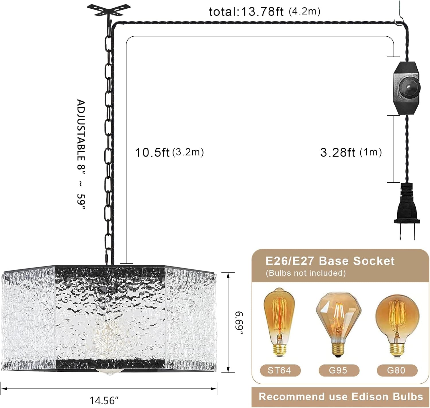 Modern Black Plug in Pendant Light Fixture with Adjustable Chain, Dimmable Switch, 14.5 inch Industrial Water Ripple and Metal Cage Hanging Lamp for Kitchen Island Dining Room Farmhouse, Black