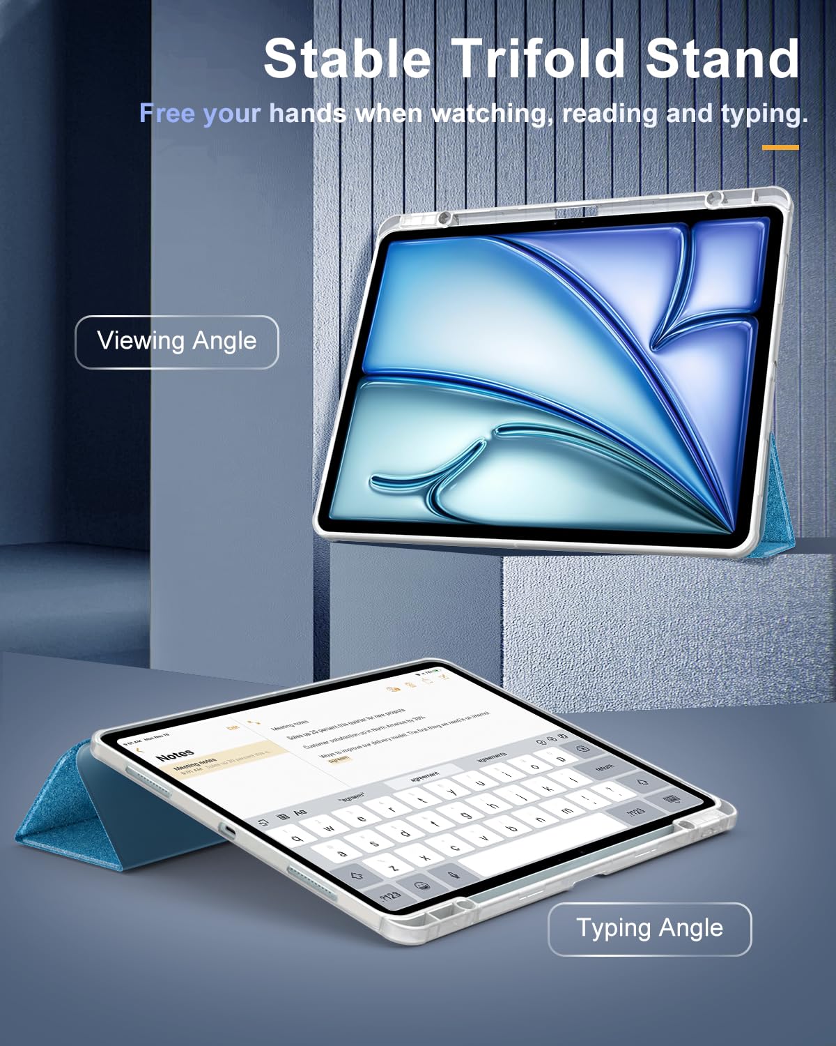 TiMOVO Custodia per Nuovo iPad Air 13 Pollici (M3/M2-2025/2024) con Portapenne, Cover Protettiva per iPad Air 13 con Supporto Pieghevole & Retro Trasparente, Auto Sveglia/Sonno, Glitter Blu