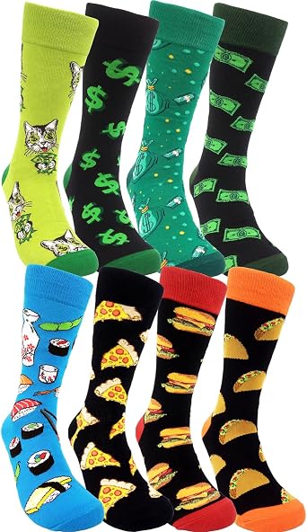 HSELL Mens Funny Dress Socks wiht Food & Dollar Pattern 8-Pack Crazy Design Novelty Breathable Cotton Socks for Daily Wear