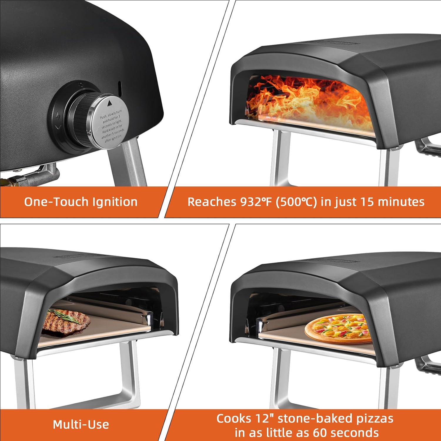 Commercial Chef Outdoor Gas Pizza Oven – Portable Propane Pizza Maker with Door, Peel, Stone, Cutter, and Cover - L-Shaped Burner, Foldable Legs
