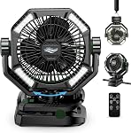 ColdSky 20000mAh Eventail de camping avec moteur double, ventilateur de batterie avec 4 LED Lanterne, 8 Eventail de bureau Speeds avec télécommande, ventilateur extérieur portable avec crochet pour tente, pannes de courant, Jobite
