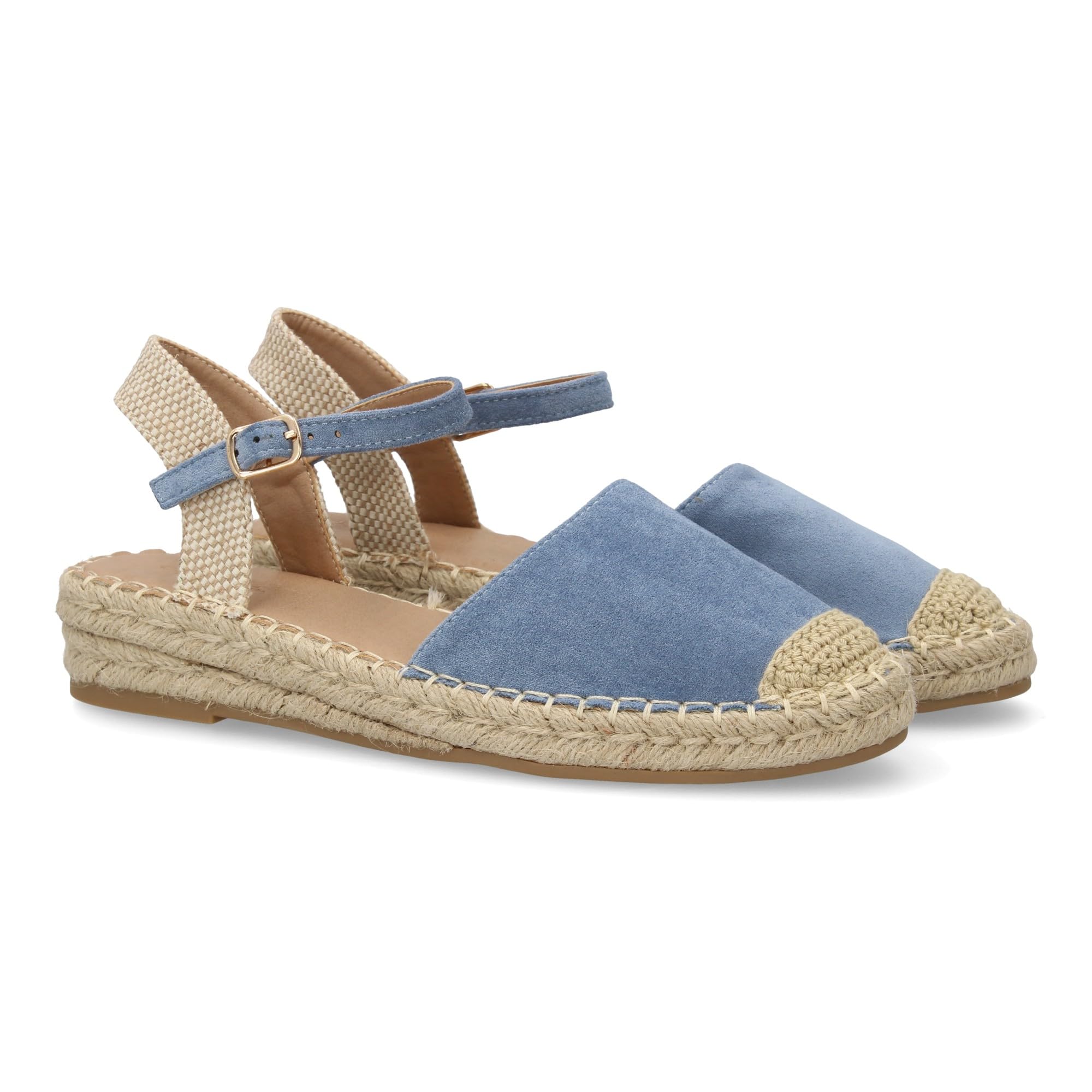 shoes&blues.es Sandalia Alpargata de Mujer con Diseno Abierto, Cuna Ligera de Yute, Esparto. Estampado Liso. Cierre de Hebilla y Punta Cerrada. Ideal Temporada Primavera Verano.