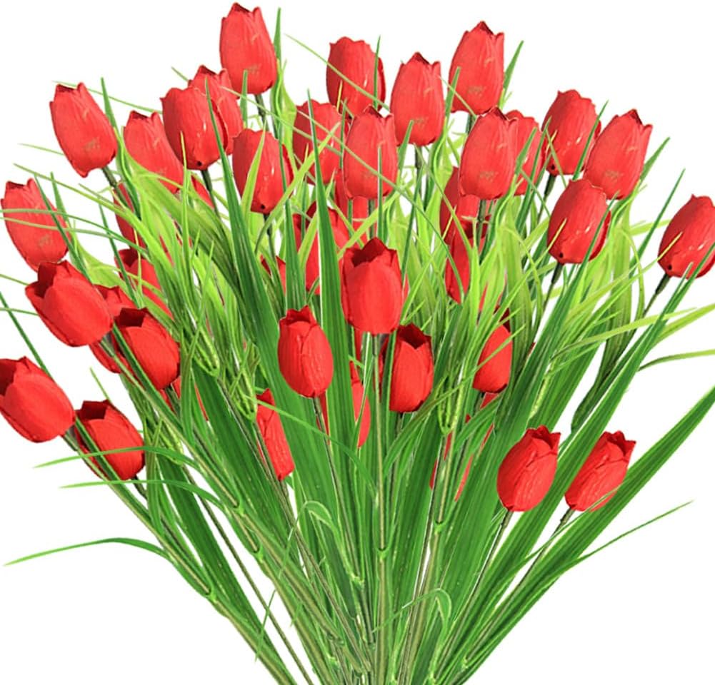 20 Bundles Artificial Tulips Outdoor UV Resistant Faux Flowers Plastic Greenery Shrubs Plants for Home Garden Porch Window Box Wedding Farmhouse Decor (20, Red)