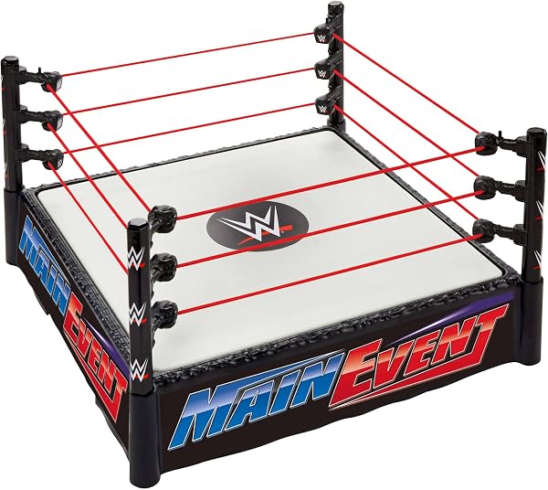 Primer plano de la colchoneta elástica y las cuerdas tensadas del Ring de Superestrellas WWE de Mattel.