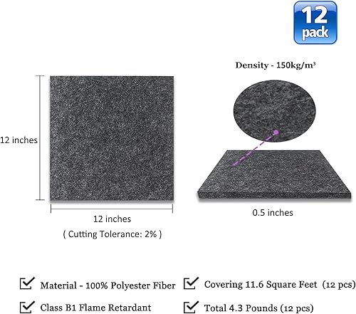 Miniatura 2 de BXI Paneles acústicos gruesos que absorben el sonido, paquete de 12 paneles acústicos densos de 12 x 12 x 0.5 pulgadas, paneles de sonido que