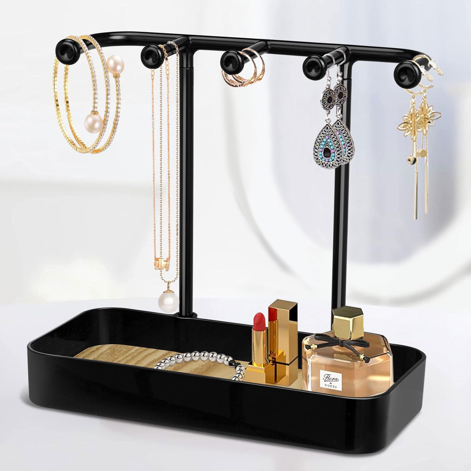 Elegant Jewelry Organizer Stand with Wooden Tray - 5 Hooks for Necklaces, Bracelets, Earrings, Rings, Watches & Keys - Compact, Waterproof & Scratch-Resistant (Black)