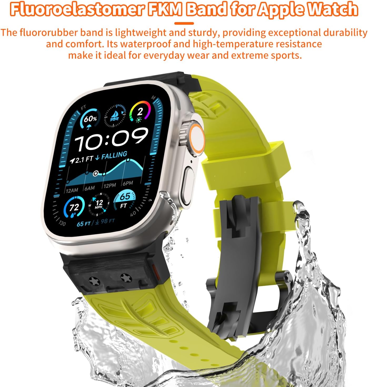 For Apple Watch Band 46mm 49mm 45mm 44mm Fluoroelastomer (FKM) Carbon Fiber Inlay Sport Wristband Sweat-proof Strap for Men's iWatch Series 11 10 9 Ultra 3/2/1 SE 8 7 6 5 4 3 2 1 Band 42mm(Fluorescent Green)