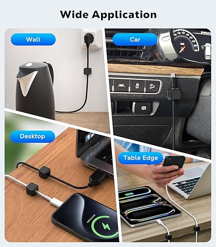 Miniatura 7 de MoKo Paquete de 8 clips magnéticos para cables, organizador de cables de escritorio, soporte de cable adhesivo, soporte para cables para mesita de