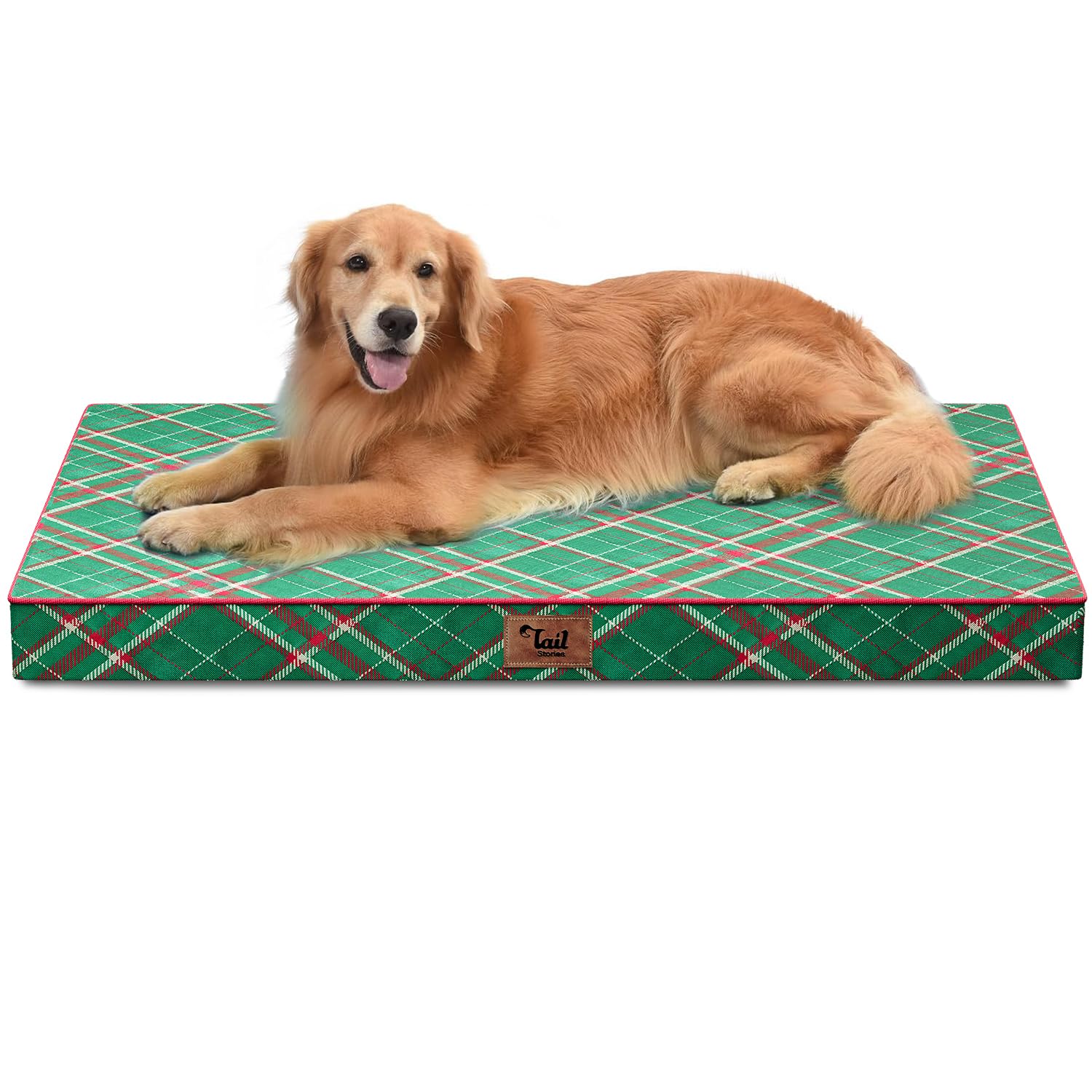 Outdoor Extra Large Dog Bed, Waterproof Dog Bed for Large Dogs, Egg Crate Foam XL Pet Bed with Removable Washable Oxford Cooling Cover, Christmas Plaid