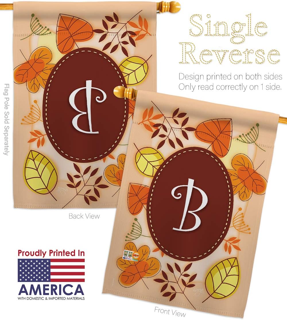 Autumn B Initial House Flag Monogram Falltime Harvest Scarecrow Pumkins Sunflower Leaves Season Autumntime Gathering Small Decorative Gift Yard Banner Made In USA 28 X 40