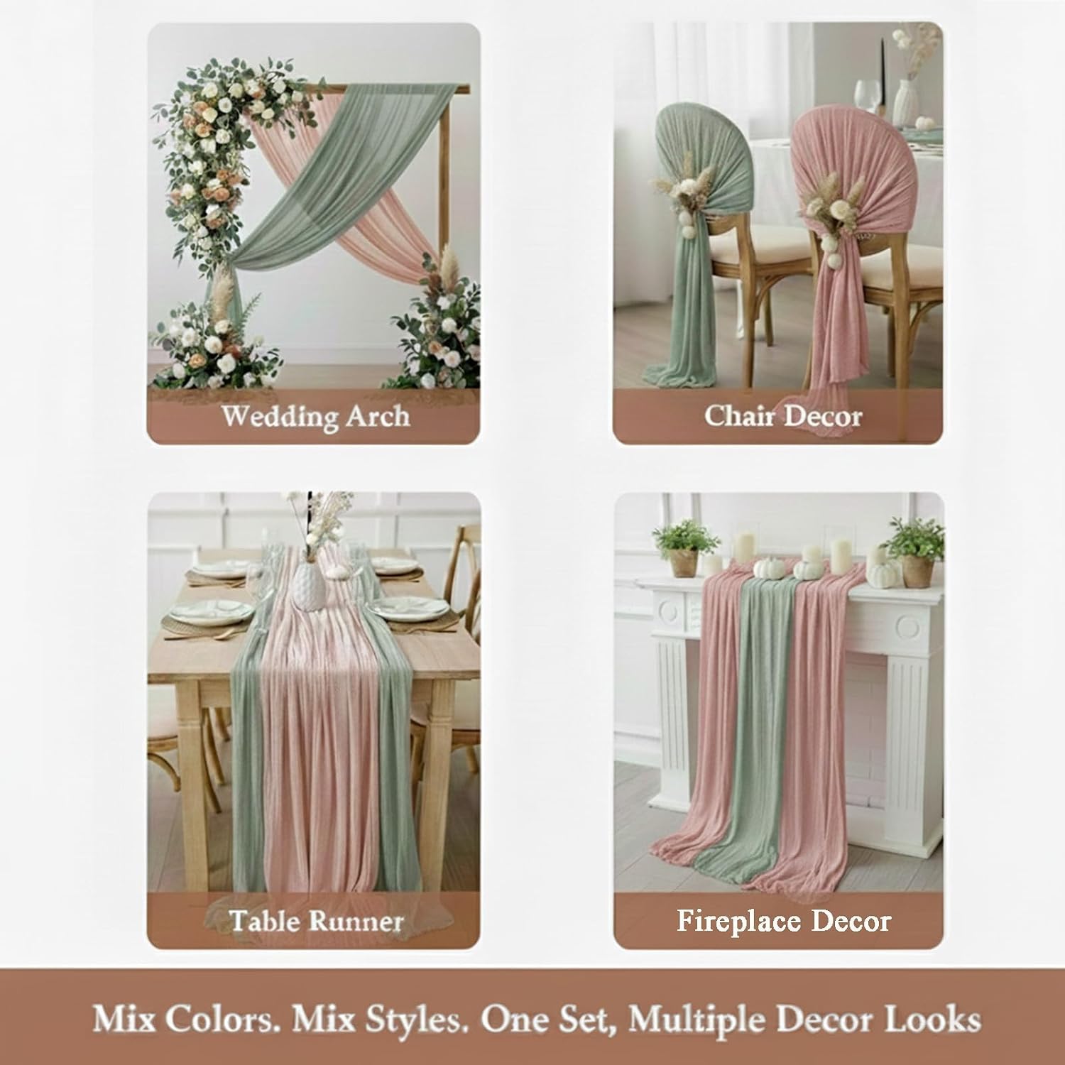 Cheesecloth Table Runner 6 Pack Sage Green and Dusty Pink, Boho Gauze Table Runner 10Ft 120 Inches Long for Wedding Decor, Party & Home Table Decoration