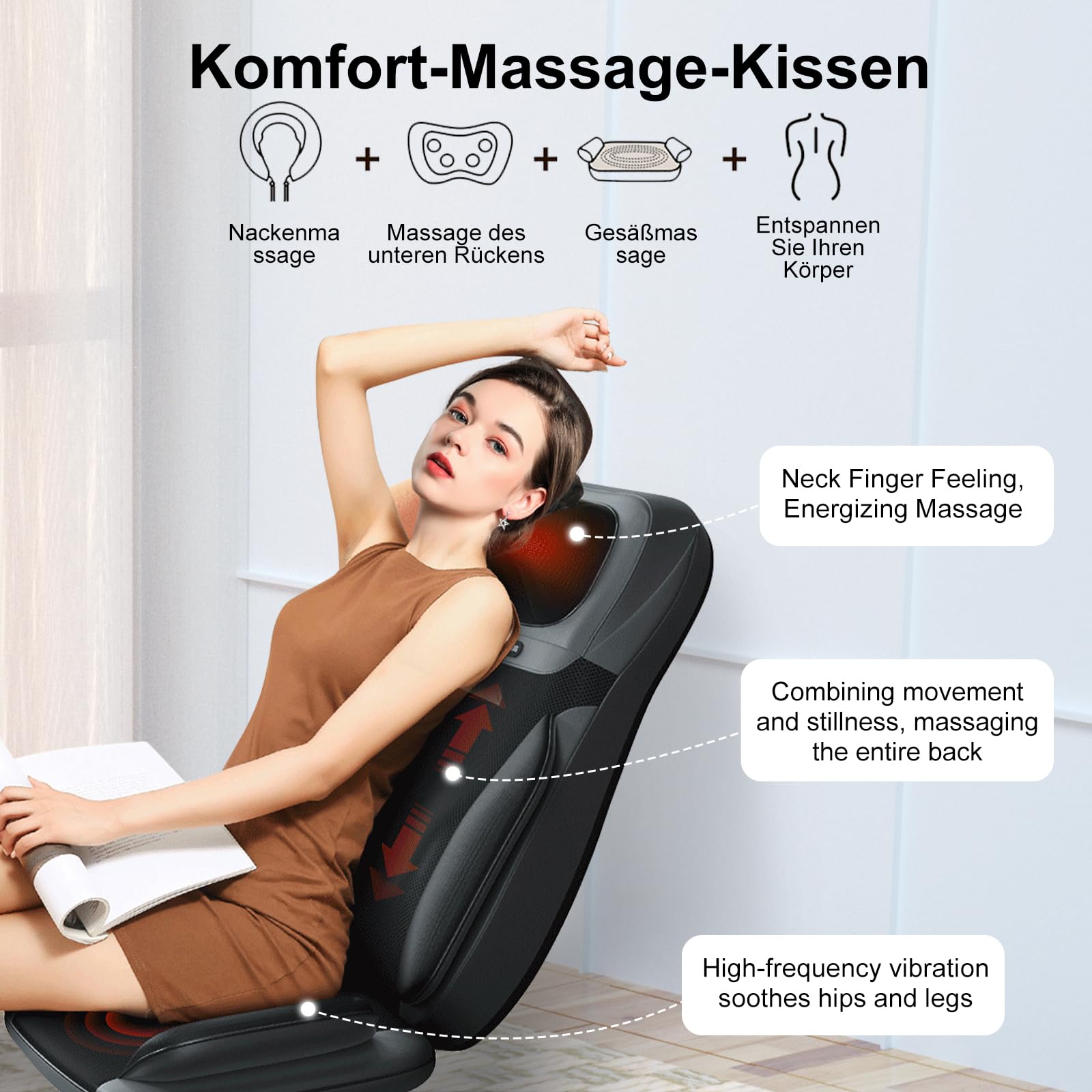Rückenmassagegerät mit Wärmefunktion, Shiatsu Massagesitzauflage mit 3D-Massierköpfen und Vibration, Massagesitzauflage für Zuhause/Auto (Hellbeige)