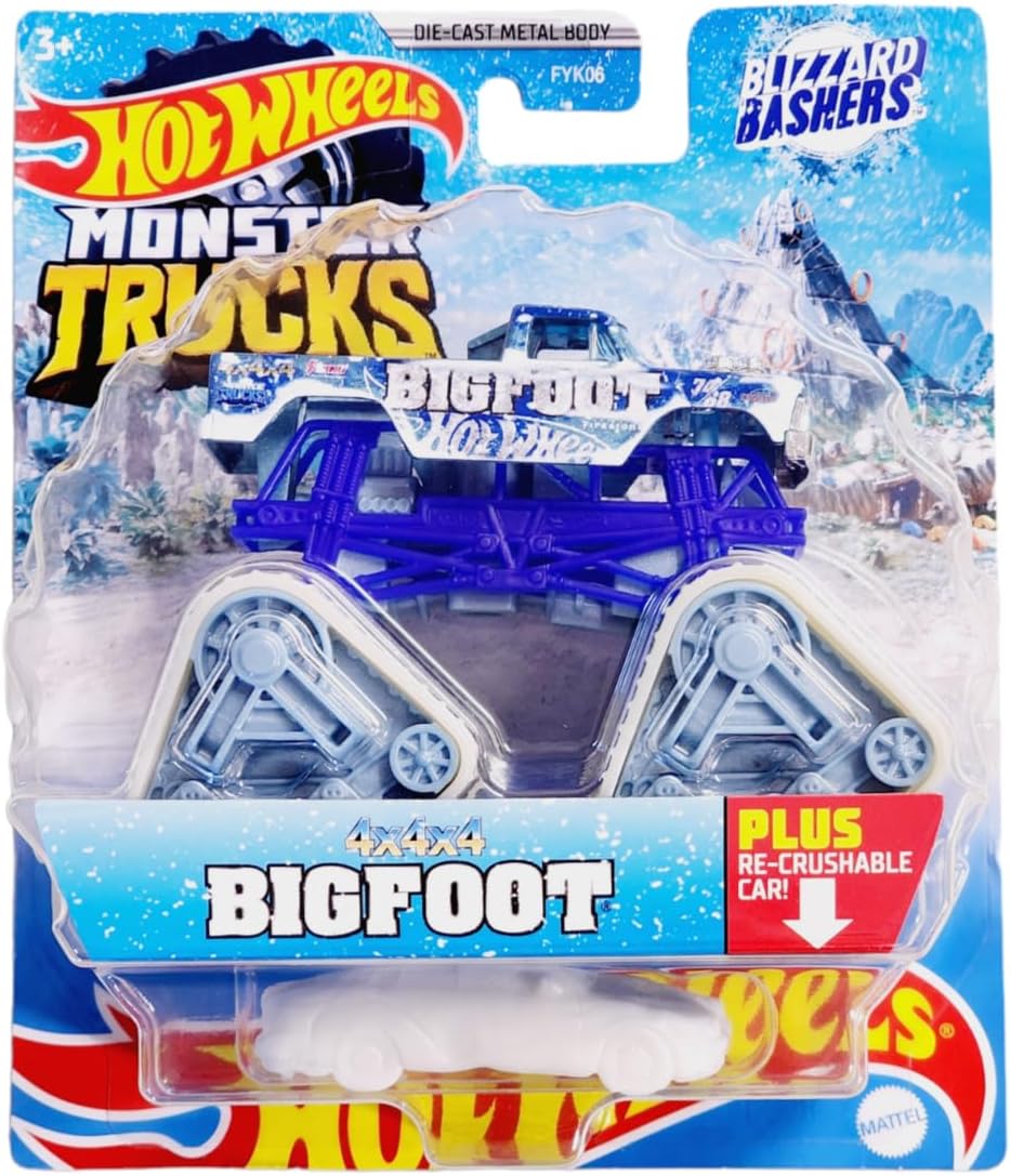 Hot Wheels Monster Trucks Blizzard Bashers Bigfoot with re-Crushable car