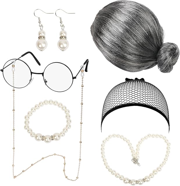 LOOPES 7Pcs Old Lady Costume Set Grey Grandma Wig Granny Fancy Dress Kit Grandmother Cosplay Accessory with Full-Moon Glasses Bracelet Pearl Necklace for Halloween World Book Day Masquerade Carnival