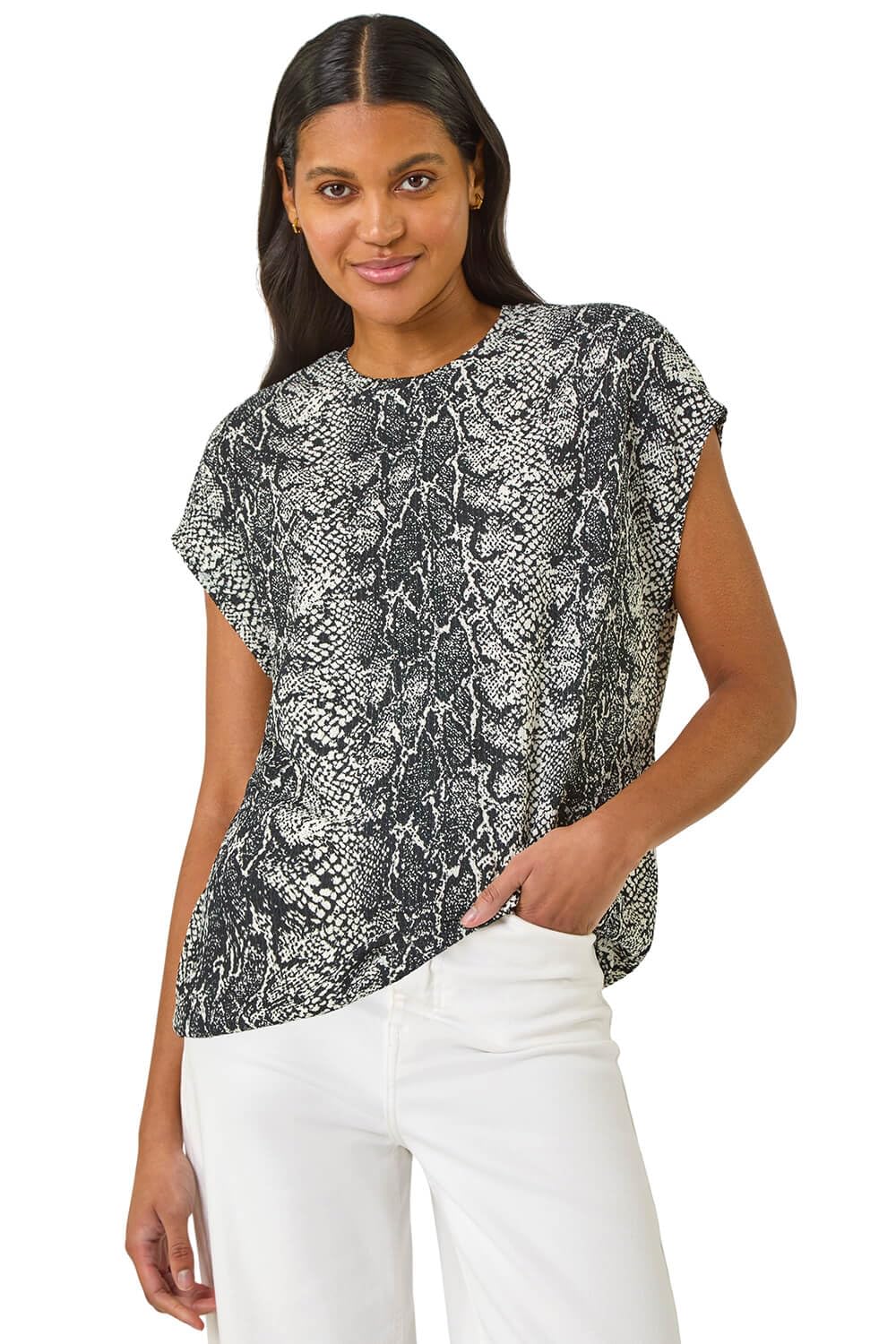 Roman Women's Black Geo Print Bubble Hem Top In | : Size 10