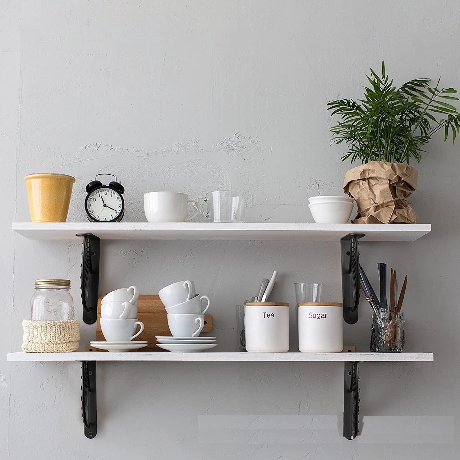 luzen 2Pcs Fan Shaped Metal Shelf Brackets Wall Mounting Modern Decorative Shelving Bracket Floating Shelves Bracket Shelf Support Bracket with Screws Hardware for Home Office, Black