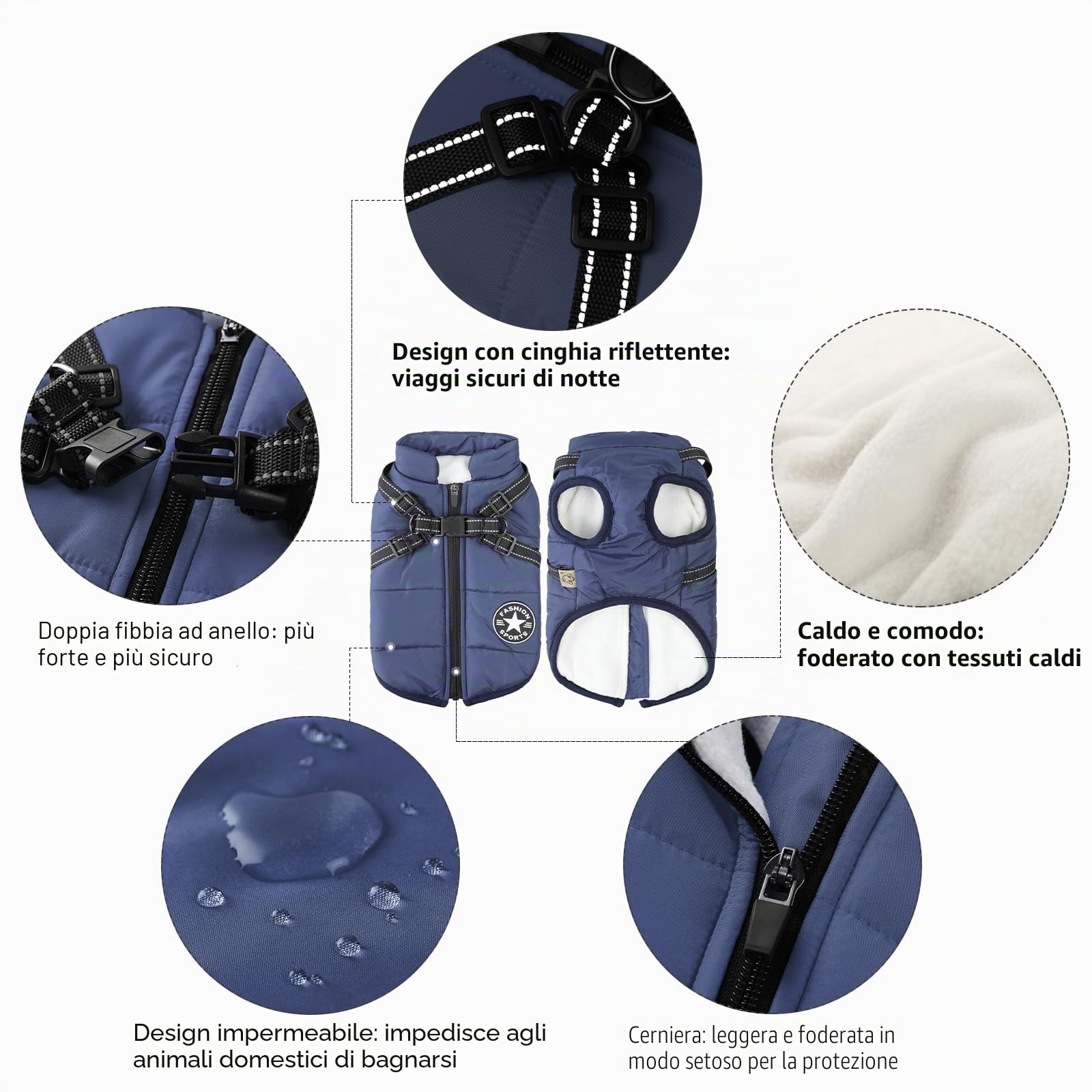 Giacche invernali per cani Antivento Impermeabili 2 in 1 Abbigliamento Cappotto termico per tempo freddo Pettorina con giacca invernale per cuccioli Giacca calda per cani invernale Blu XXL