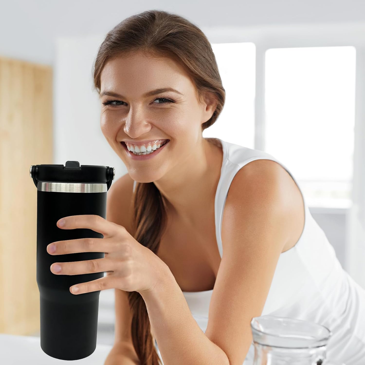 30 oz Tumbler with Top Handle, Double Wall Vacuum Insulated Tumbler with Flip Straw, Travel Coffee Mug 30oz Powder Coated Cup for Laser Engraving (Black,1 pack) - Image 7