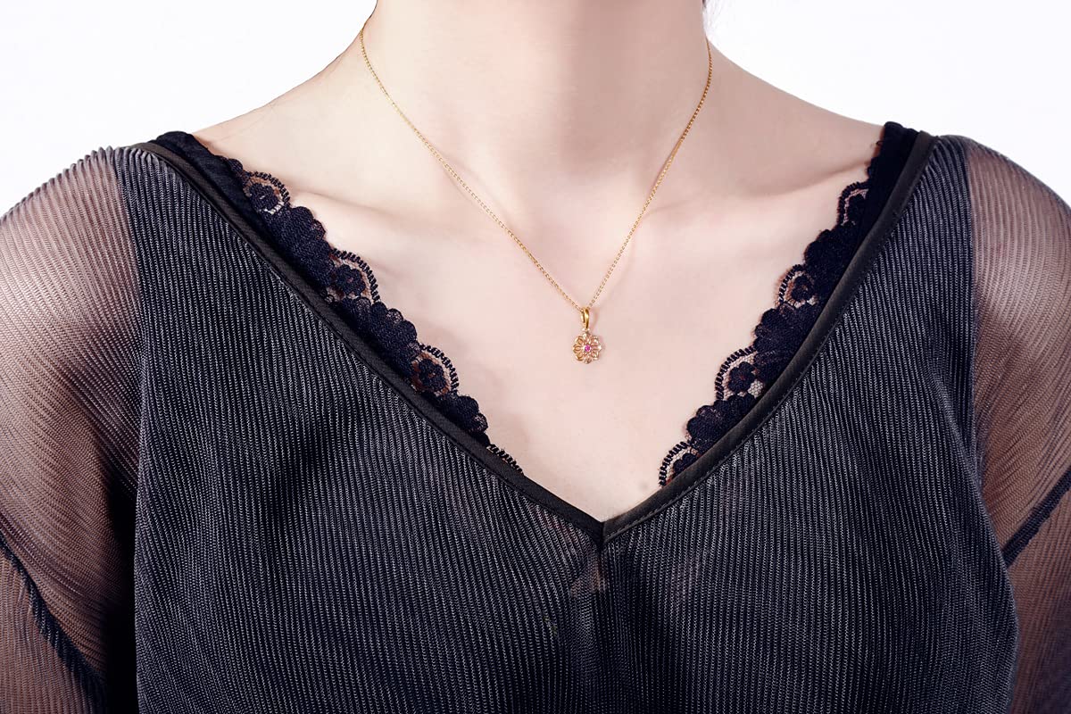 FANCIME Collana Ciondolo Fiore Piccolo in Oro Giallo 14 carati (585) Solido con Vero Naturale Rubino Minimalista Regalo Gioielli per Donna Ragazza - Catena Lunghezza: 40 + 5 cm