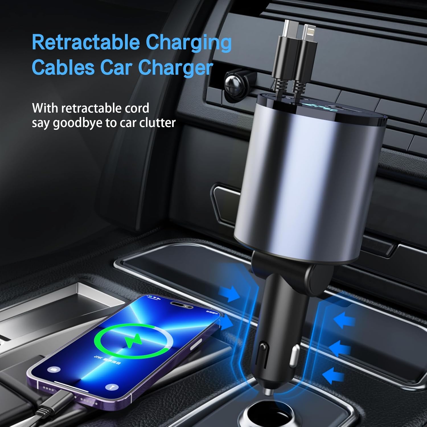 Retractable Car Charger, 66W 4 in 1 Super Fast Charging Car Phone Charger with 2 Retractable 31.5 Inch Cables and 2 USB Ports for iPhone 15/14/13/12/11, Galaxy, Pixel（C）