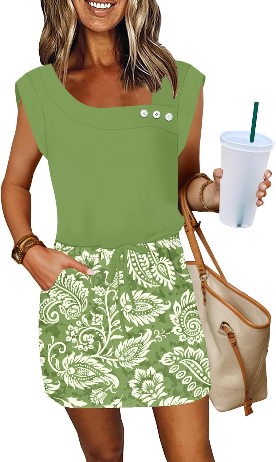 SAUKOLE Womens Summer Dress Casual Cap Sleeve Square Neck Buttons Short Dress with Pockets Loose Drawstring Waist Dresses